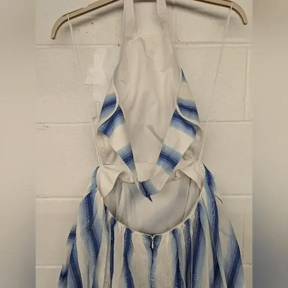 rtr Rosie Assoulin Halter Striped Dress sz6 DESIGNER Blue white hi low open back - Picture 9 of 10